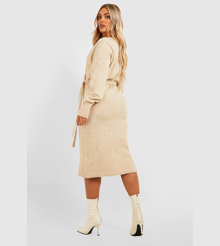 Buy Boohoo Plus Belted Knitted Wrap Midi Dress In Beige | 6thStreet ...