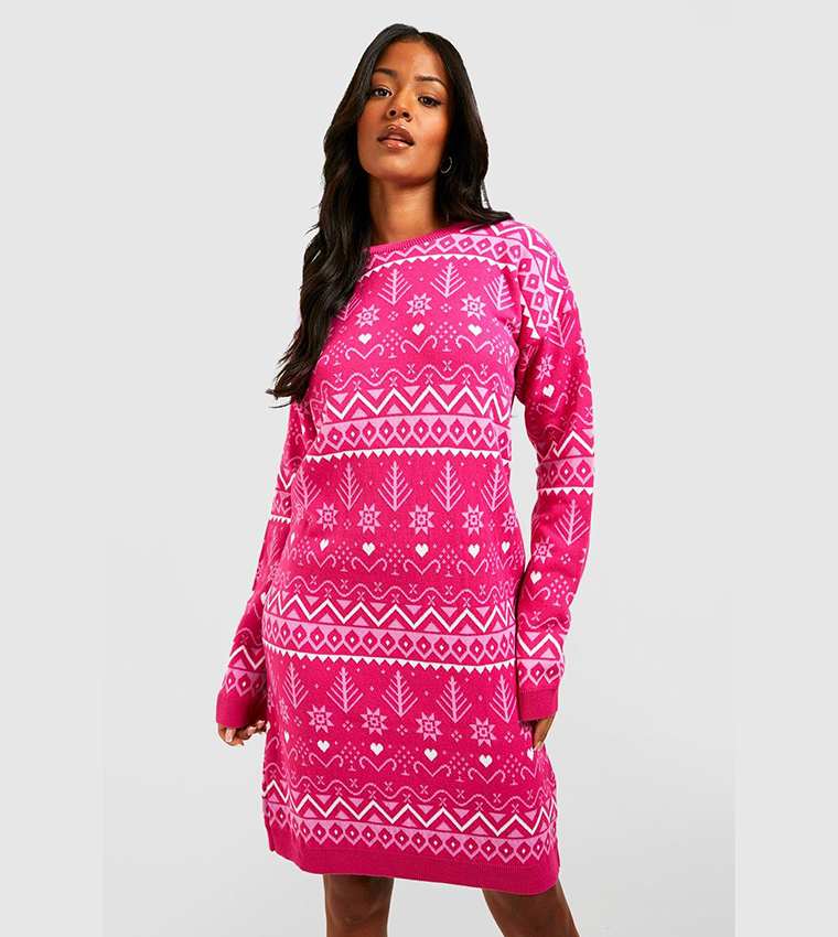 Buy Boohoo Tall Fairisle Christmas Jumper Dress In Pink