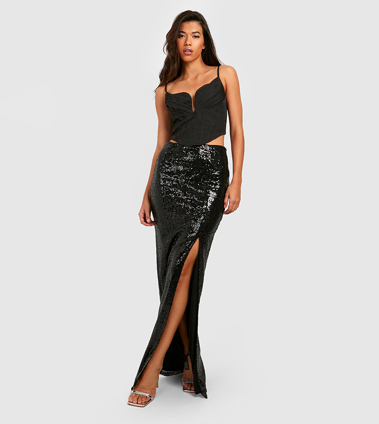 Buy Boohoo Tall Side Slit Sequin Maxi Skirt In Black 6thStreet