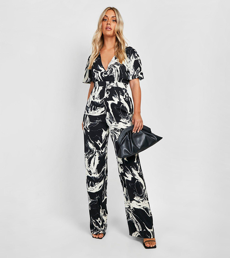 Plus Marble Print Woven Angel Wing Jumpsuit