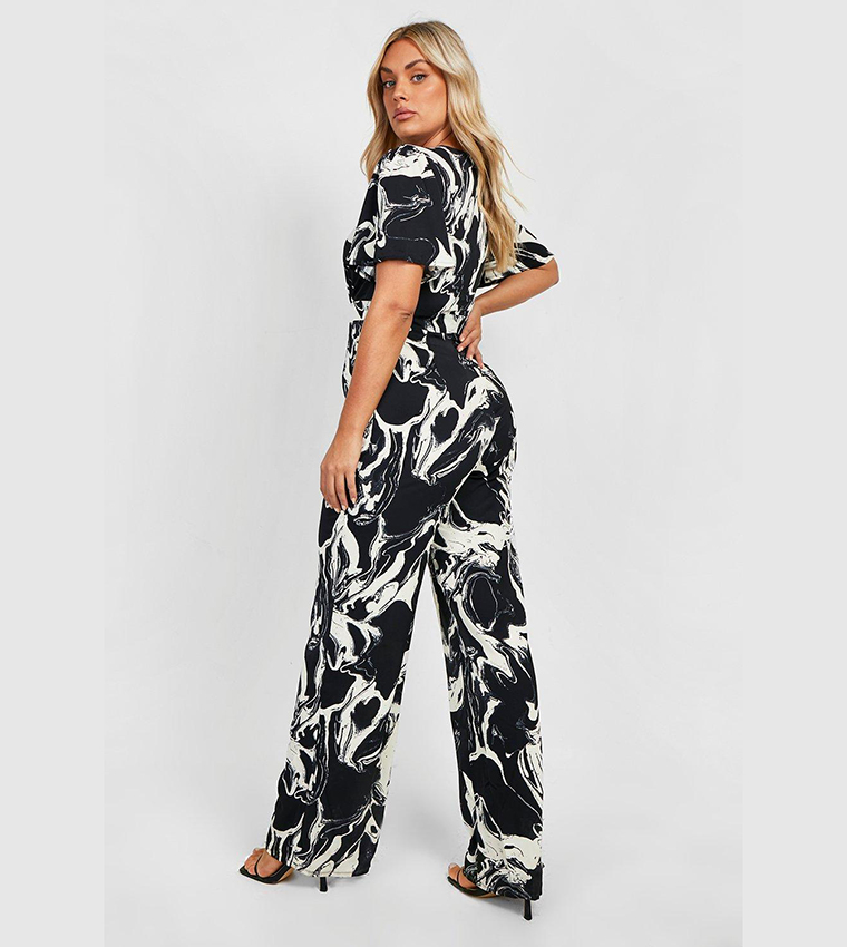 Plus Marble Print Woven Angel Wing Jumpsuit