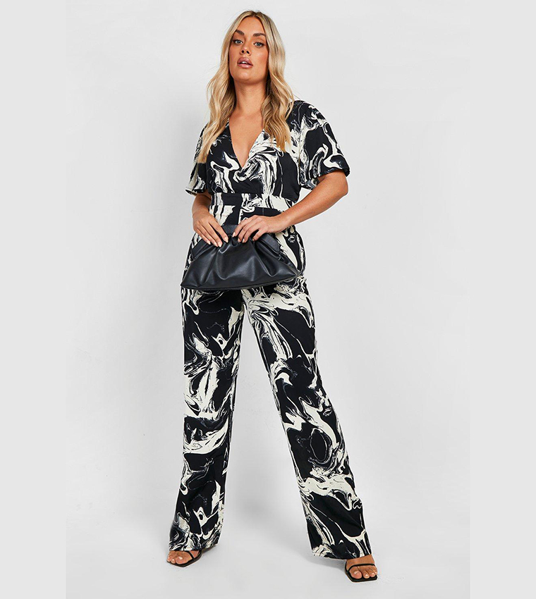 Plus Marble Print Woven Angel Wing Jumpsuit