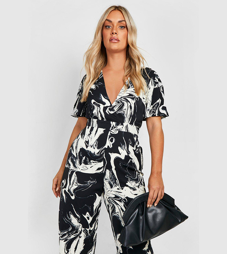 Plus Marble Print Woven Angel Wing Jumpsuit