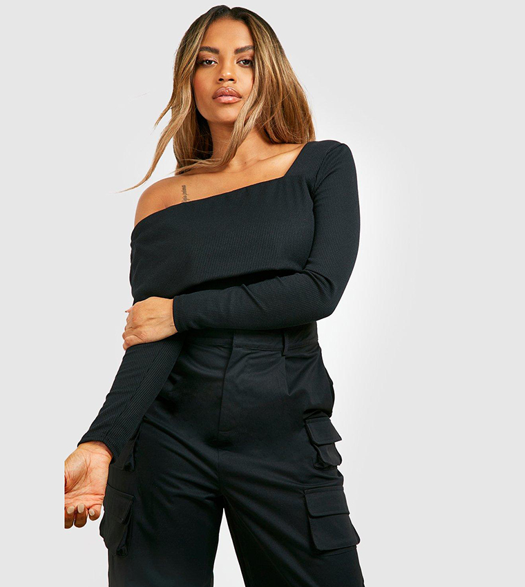 Buy Boohoo Plus Rib Asymmetric Bodysuit Top In Black