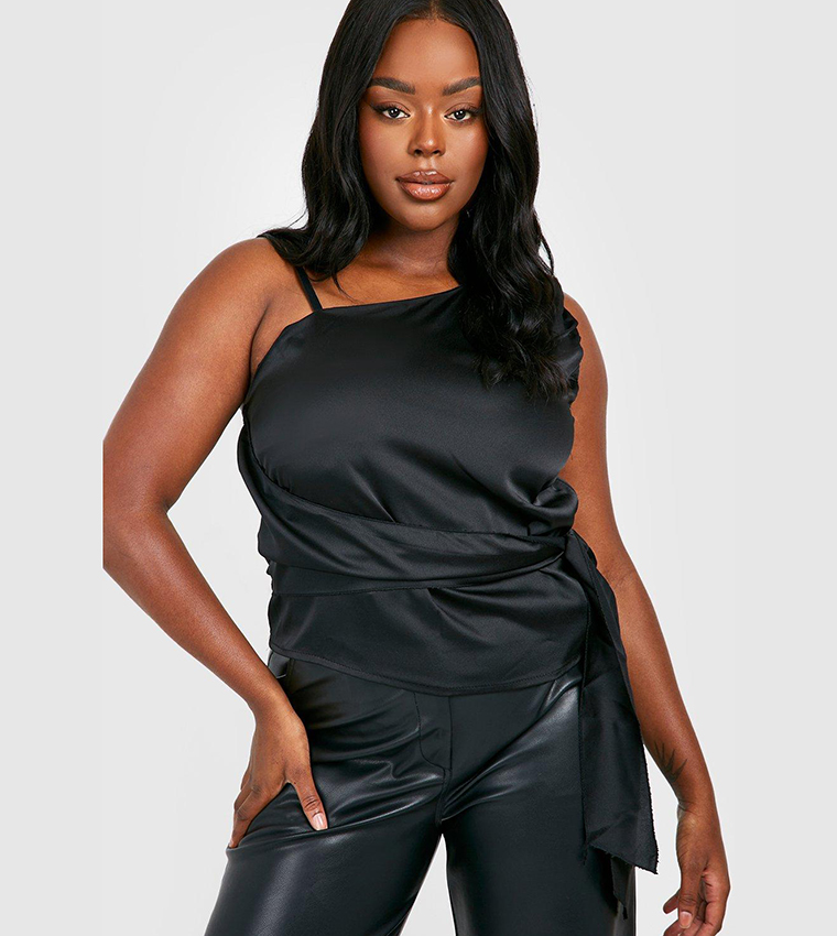 Ruched Satin Top - Black - Ladies