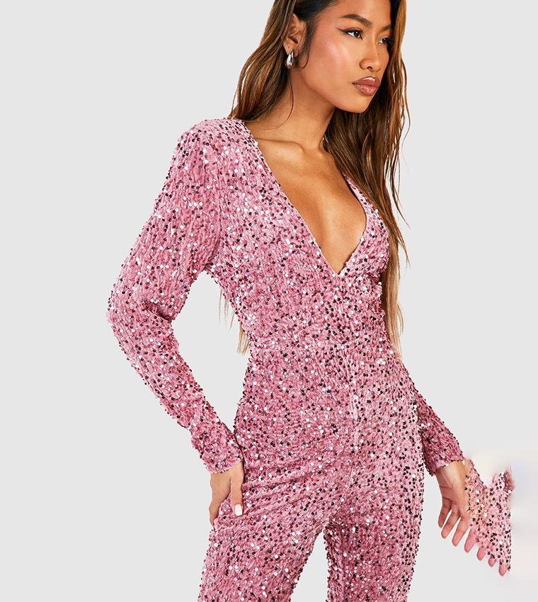 Buy Boohoo Sequin Shoulder Pad Flared Jumpsuit In Rose | 6thStreet UAE