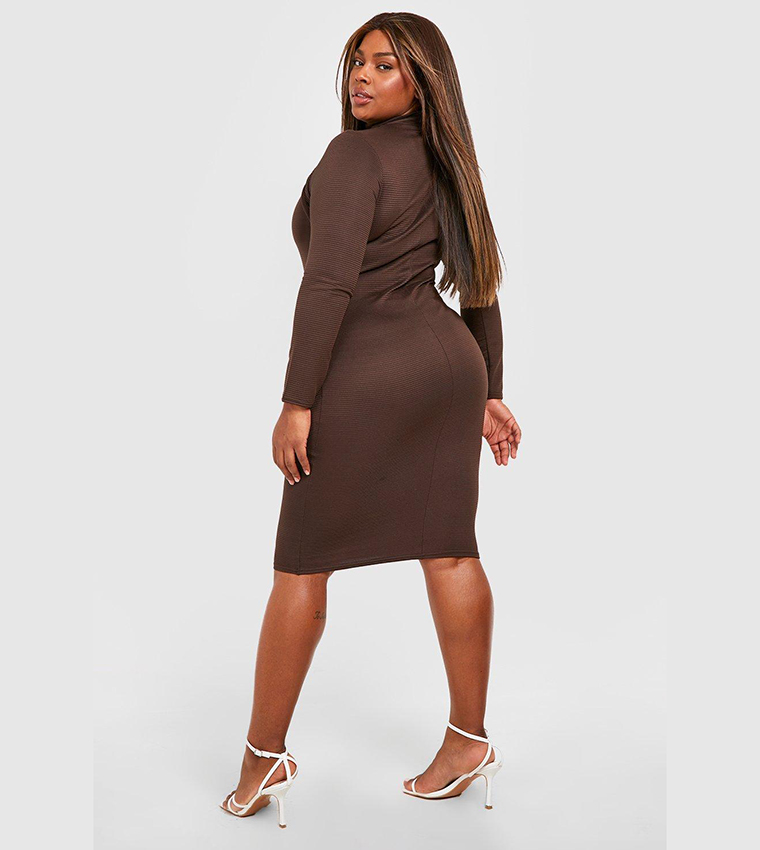 Buy Boohoo Plus Jumbo Rib Cutout Midi Dress In Brown 6thstreet Saudi Arabia 4079