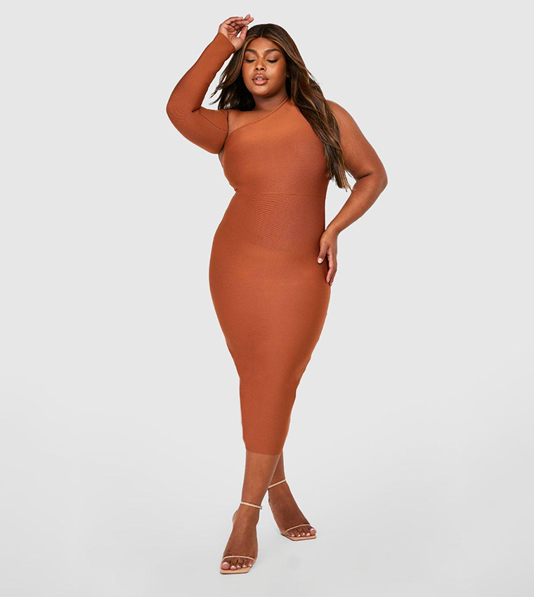 Buy Boohoo Plus Premium Bandage One Shoulder Midi Dress In Brown