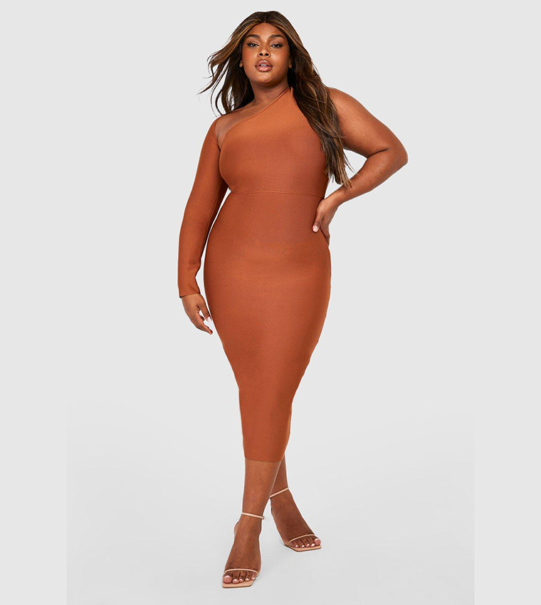 Buy Boohoo Plus Premium Bandage One Shoulder Midi Dress In Brown