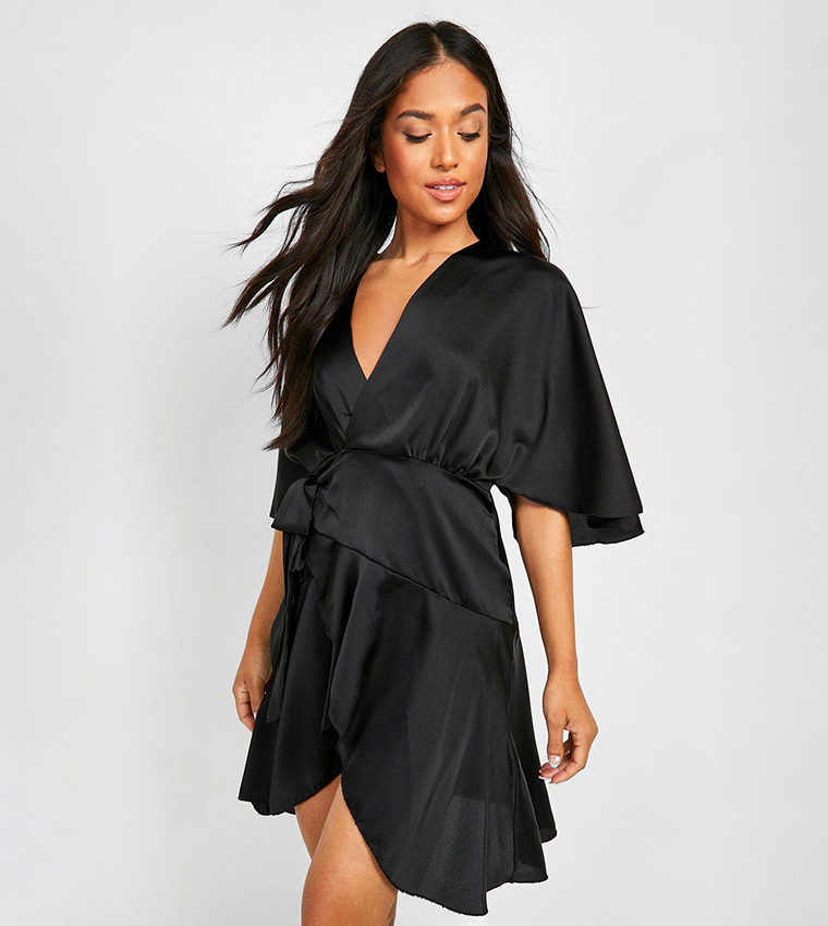 Buy Boohoo Satin Ruffle Wrap Dress In Black