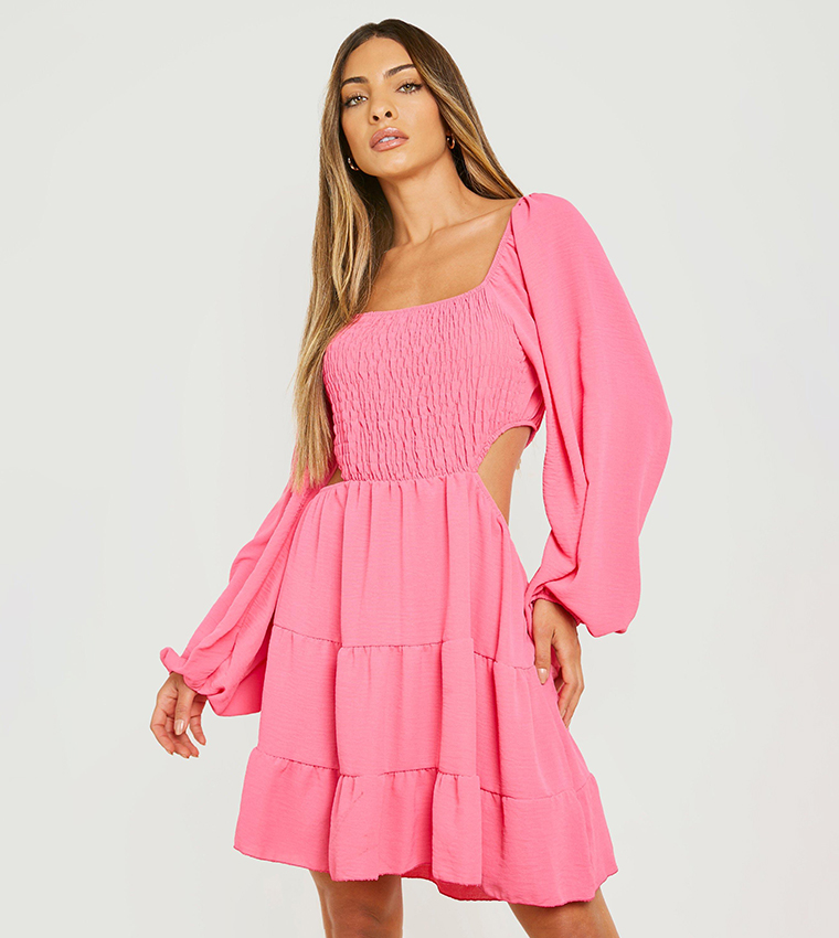 Buy Boohoo Woven Long Sleeves Cut Out Smock Dress In Pink | 6thStreet Kuwait