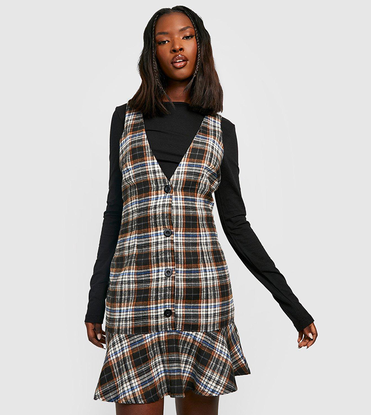 Buy Boohoo Brushed Check Frill Hem Pinafore Dress In Black 6thStreet Qatar