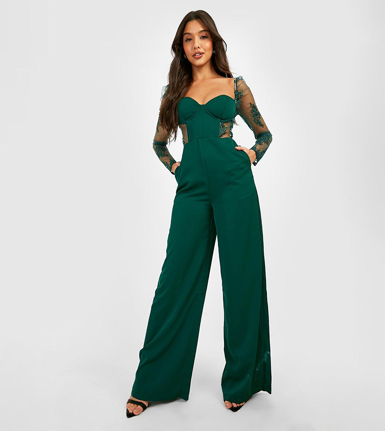 Buy Boohoo Long Sleeves Lace Wide Leg Jumpsuit In Green 6thStreet Kuwait