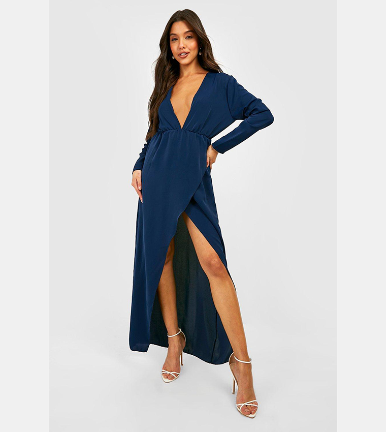 Buy Boohoo Chiffon Long Sleeves Wrap Dress In Navy 6thStreet Kuwait