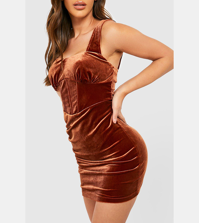 Buy Boohoo Velvet Corset Detail Ruched Mini Dress In Brown | 6thstreet Oman