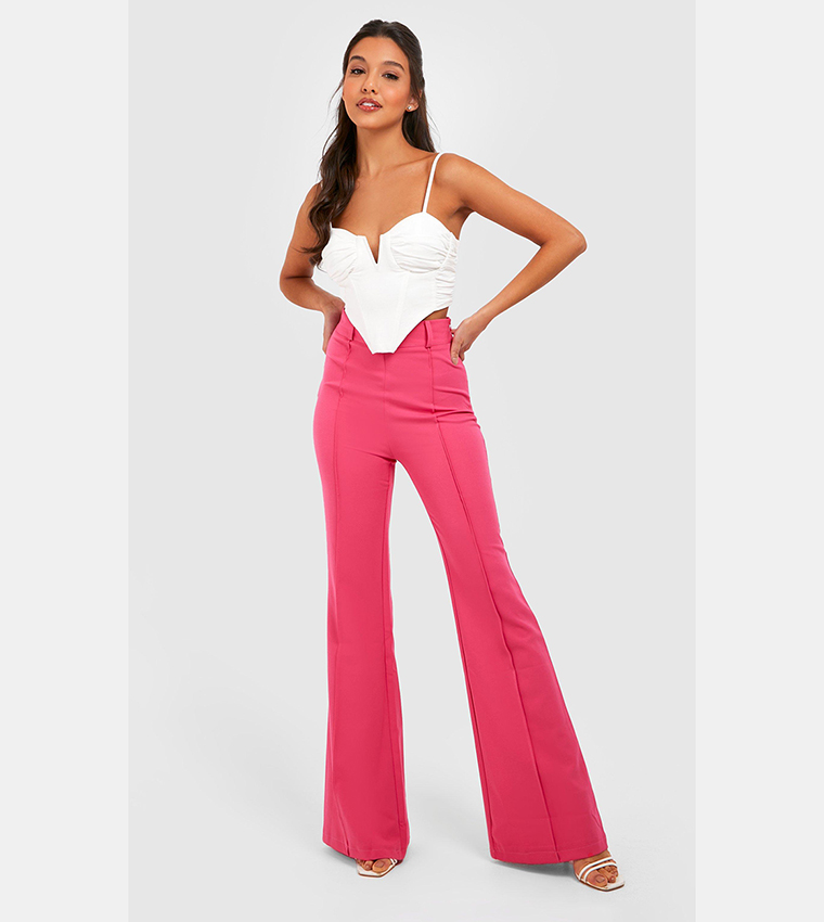 Buy Boohoo High Waisted Flared Work Trousers In Pink