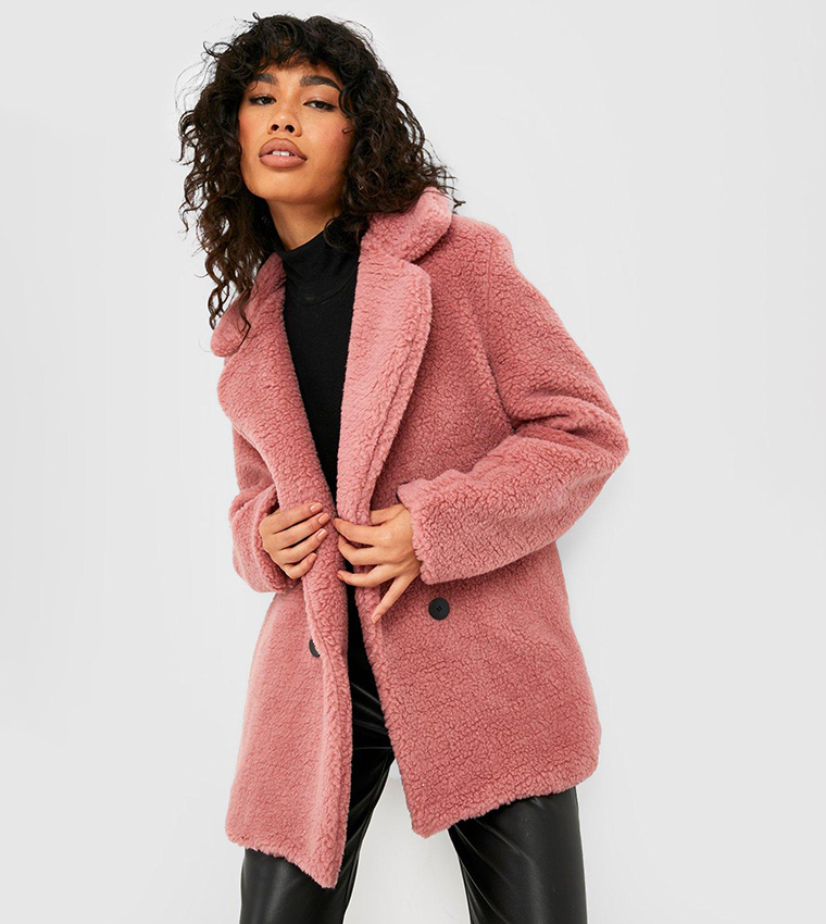 Boohoo pink teddy coat hotsell