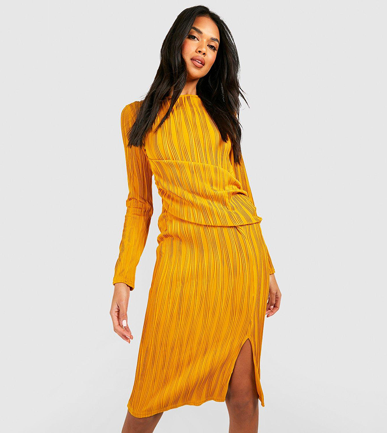 Buy Boohoo Crinkle Rib Twist Detail Midi Dress In Yellow