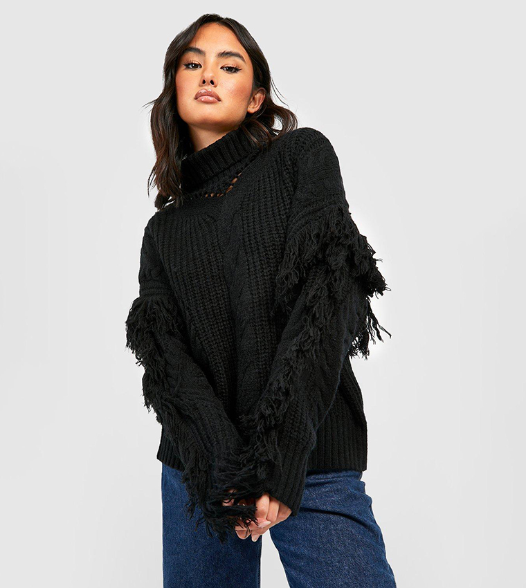 Buy Boohoo Chunky Knitted Oversized Sweater With Fringing In Black
