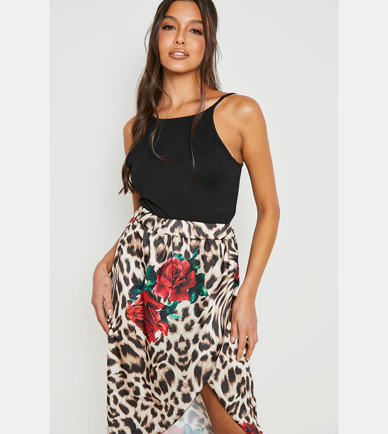 Buy Boohoo Floral Leopard Satin Wrap Midi Skirt In Brown 6thStreet Kuwait