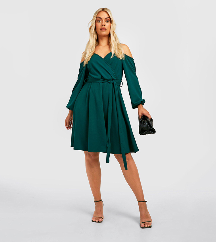 Cold shoulder wrap skater dress best sale