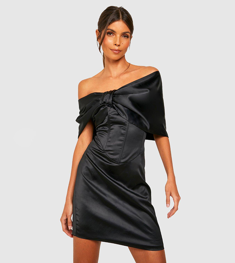 Black satin bardot fashion