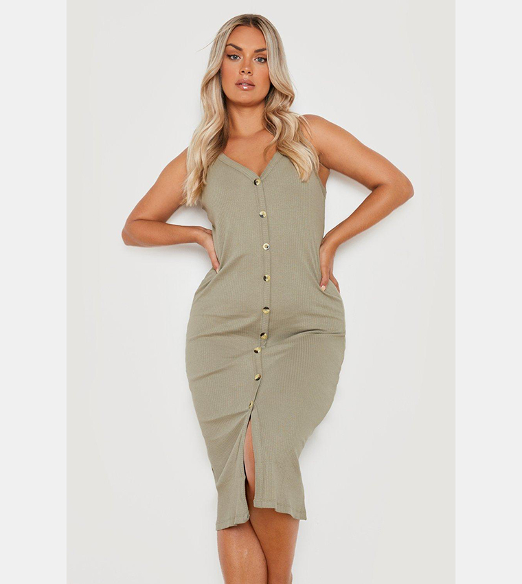 Buy Boohoo Button Through Cami Midi Dress In Khaki 6thStreet Bahrain