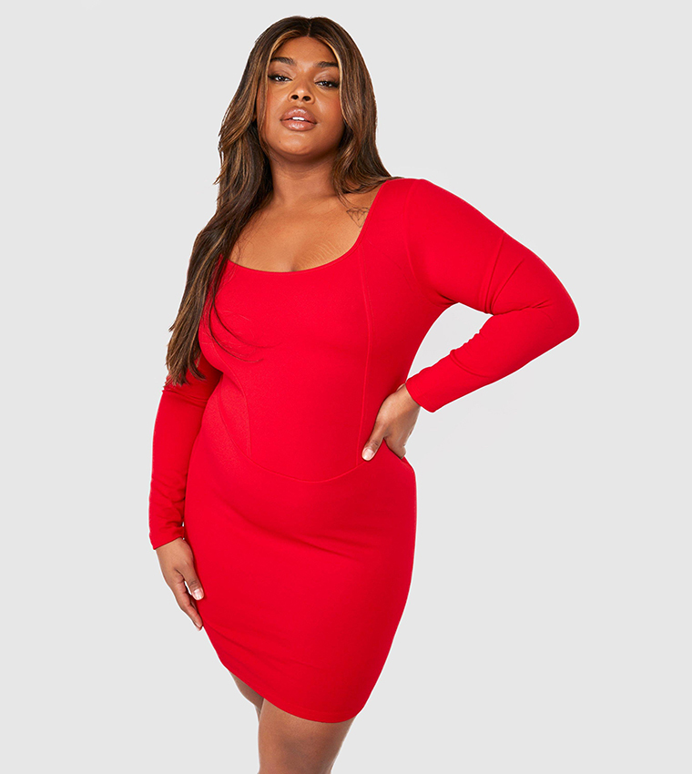 boohoo red bodycon dress boohoo Plus Jumbo Rib High Neck Midi Dress - Red