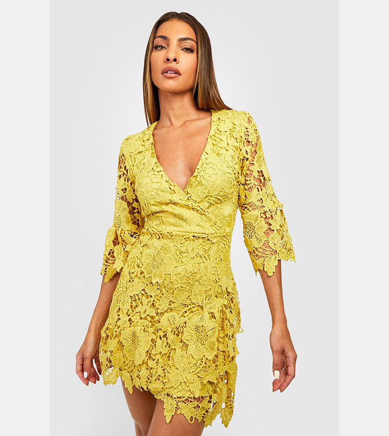 Buy Boohoo Crochet Lace Wrap Dress In Yellow | 6thstreet Bahrain Buy Boohoo Crochet Lace Wrap Dress In Yellow | 6thstreet Bahrain