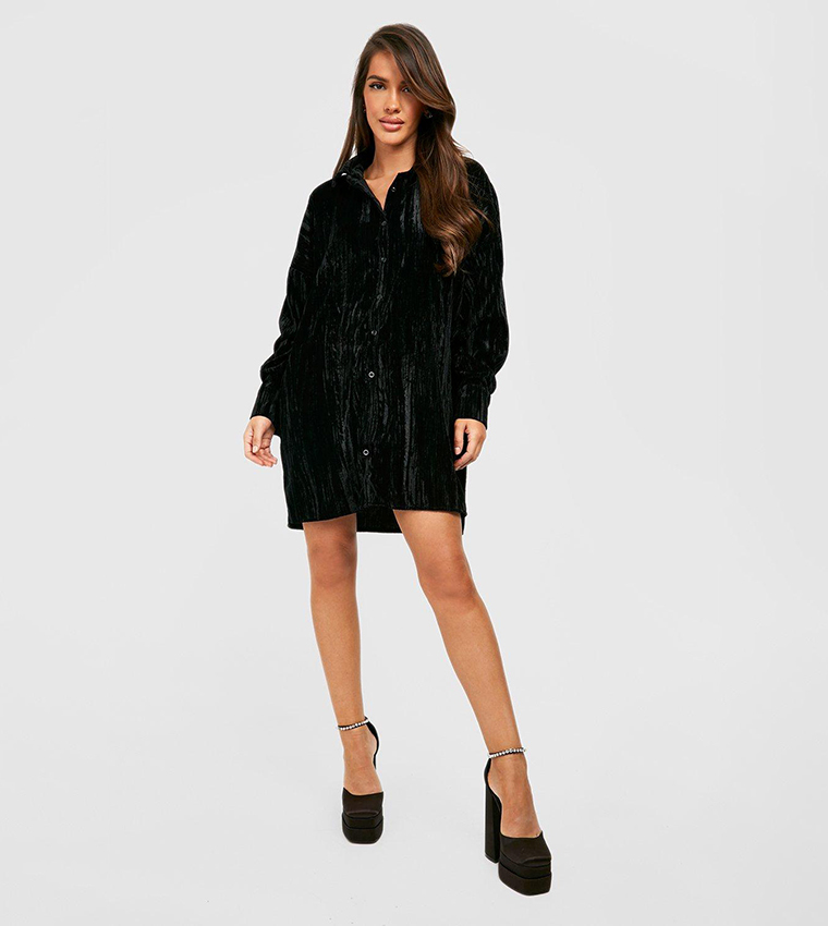 Buy Boohoo Premium Velvet Oversized Shirt Dress In Black | 6thstreet Oman Buy Boohoo Premium Velvet Oversized Shirt Dress In Black | 6thstreet Oman