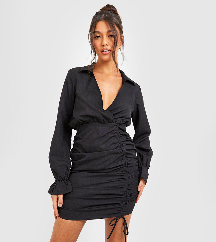 Buy Boohoo Ruched Detail Long Sleeves Mini Dress In Black