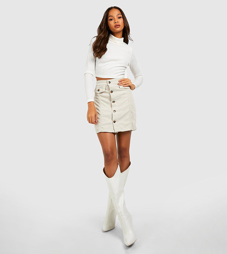 Buy Boohoo Cord Button Front High Waisted Skirt In White 6thStreet Kuwait