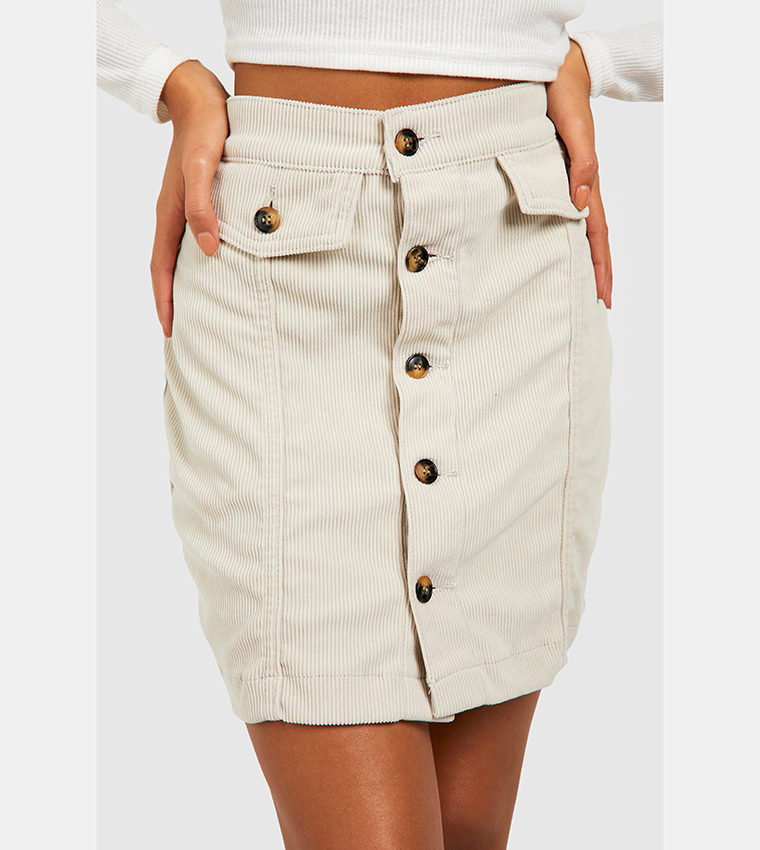 Buy Boohoo Cord Button Front High Waisted Skirt In White