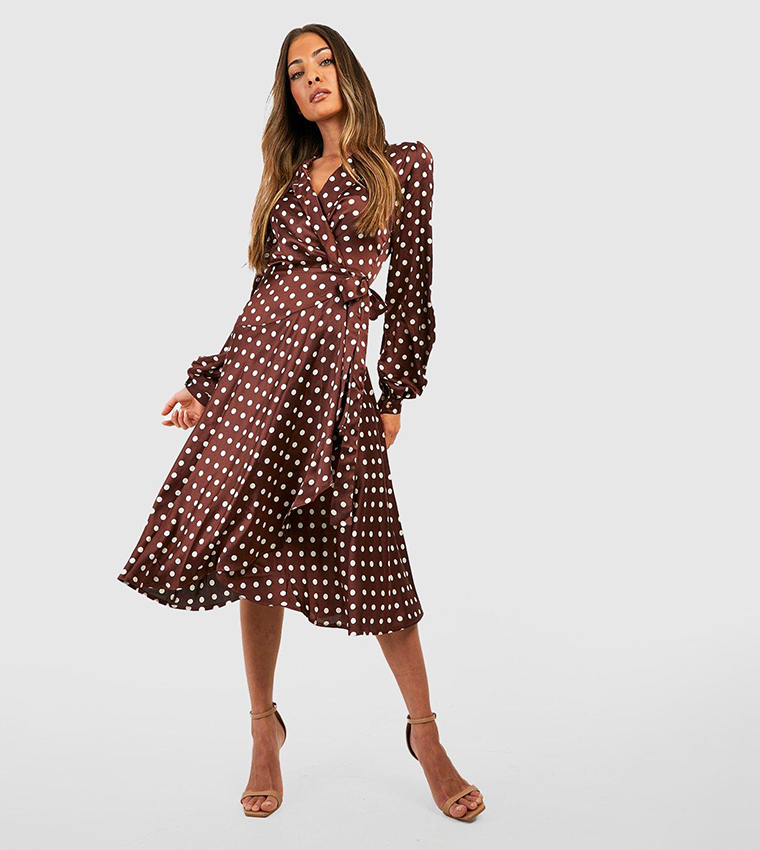 Polka Dot Wrap Belted Midi Dress
