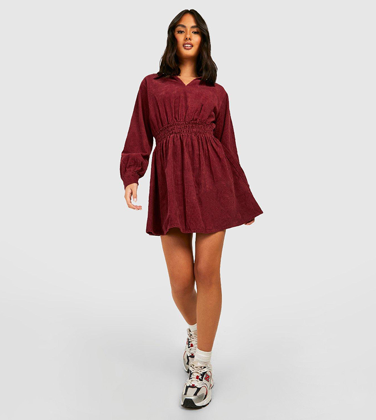 boohoo scallop plunge skater dress Boohoo Frey Long Sleeved Scallop Plunge Skater Dress