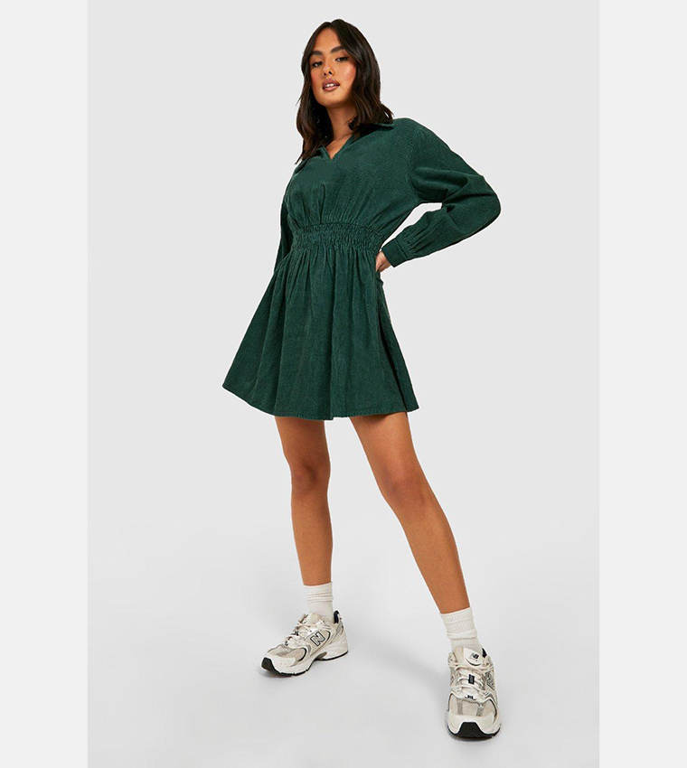 forest green skater dress Green Skater Dress Short Sleeve Shirred Waist Textures main image 0