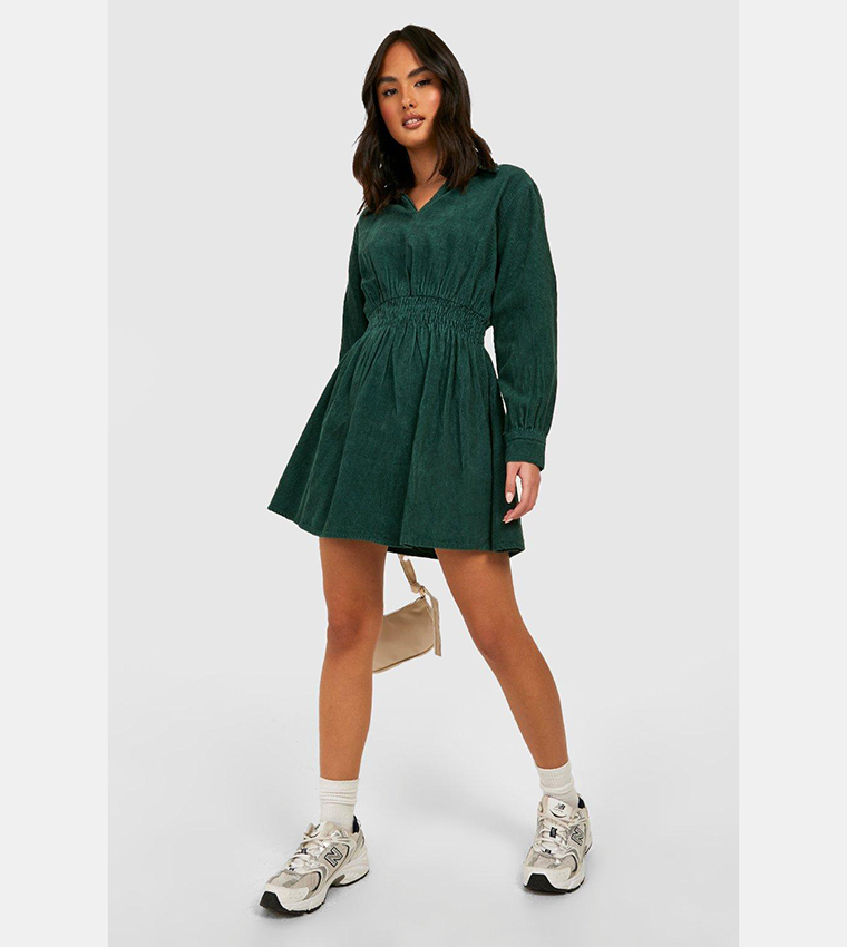 Buy Boohoo Cord Elasticated Waist Skater Dress In Green 6thStreet Qatar