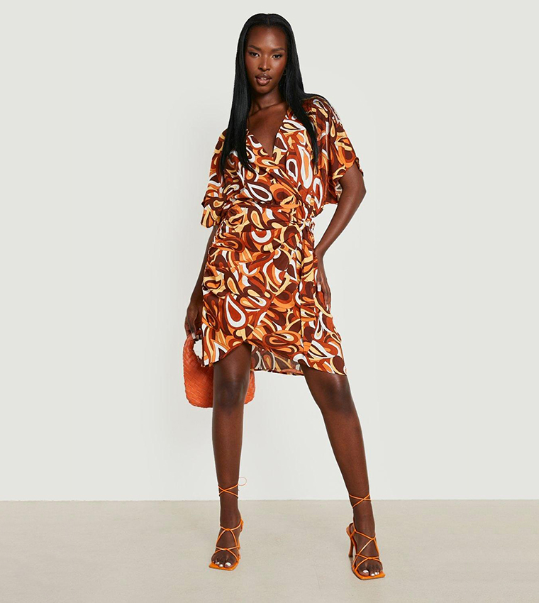 Buy Boohoo Abstract Print Wrap Midi Dress In Orange 6thStreet Bahrain