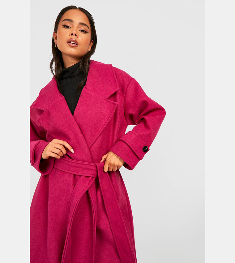Buy Boohoo Oversized Wool Look Longline Belted Trench Coat In