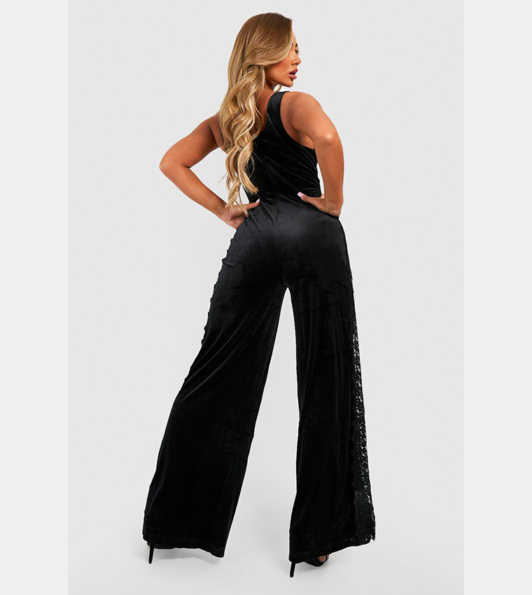 Buy Boohoo Velvet Lace Detail Wide Leg Jumpsuit In Black 6thstreet Qatar 7852