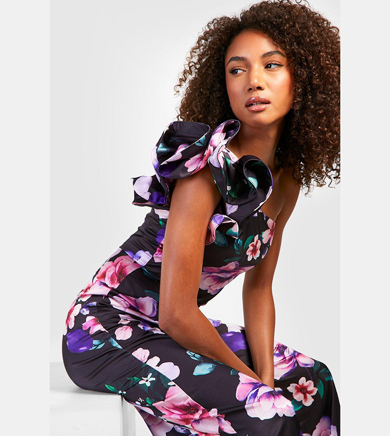 Buy Boohoo Floral One Shoulder Ruffle Jumpsuit In Black | 6thStreet Kuwait