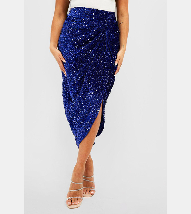 Buy Boohoo Sequin Ruched Front And Back Midi Skirt In Blue