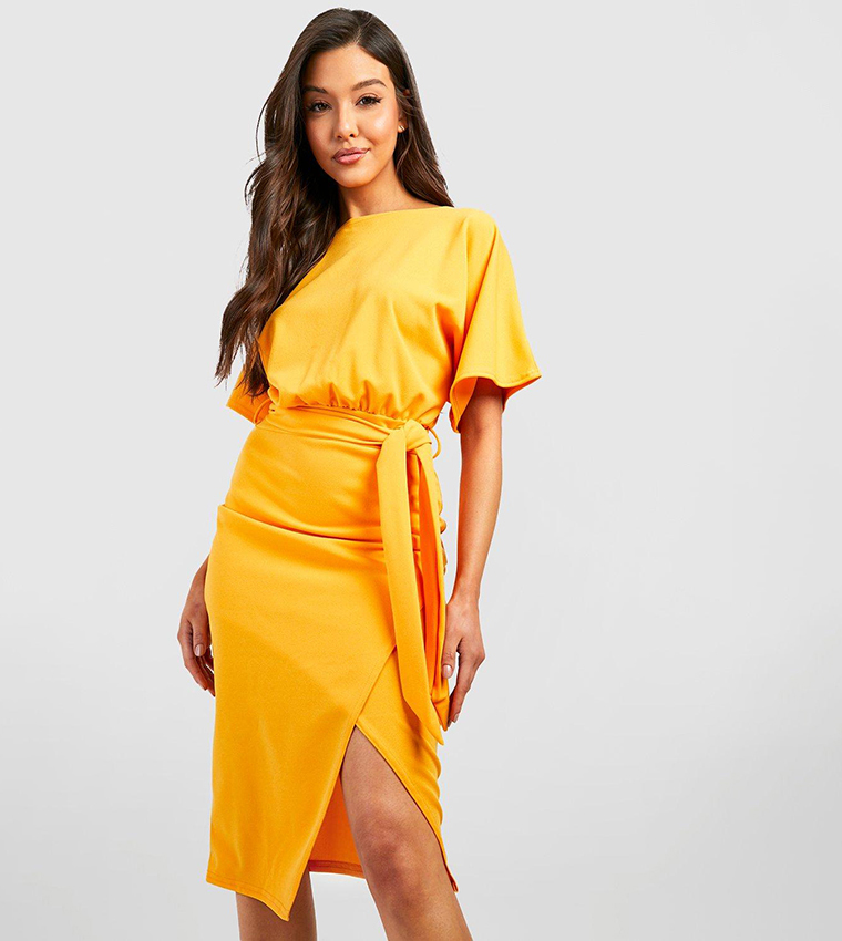 Buy Boohoo Slash Neck Tie Waist Midi Dress In Yellow 6thStreet Kuwait