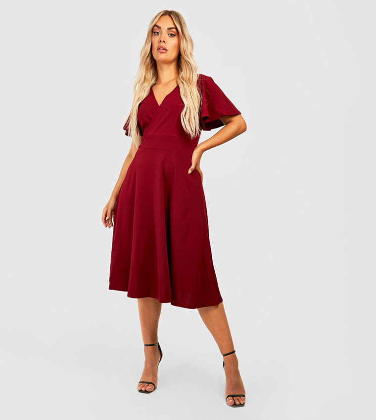 knee length dresses for ladies Britney Red Print Angel Sleeve Midi Dress – Girl In Mind main image 1