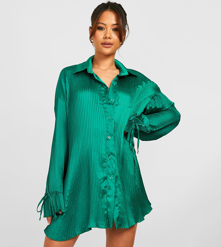 Buy Boohoo Satin Plisse Tie Cuff Shirt Dress In Green 6thStreet
