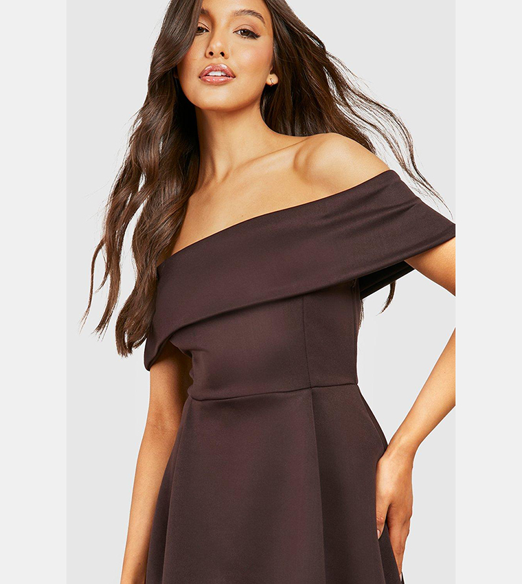 boohoo off the shoulder dip hem skater dress Off The Shoulder Dip Hem Skater Dress