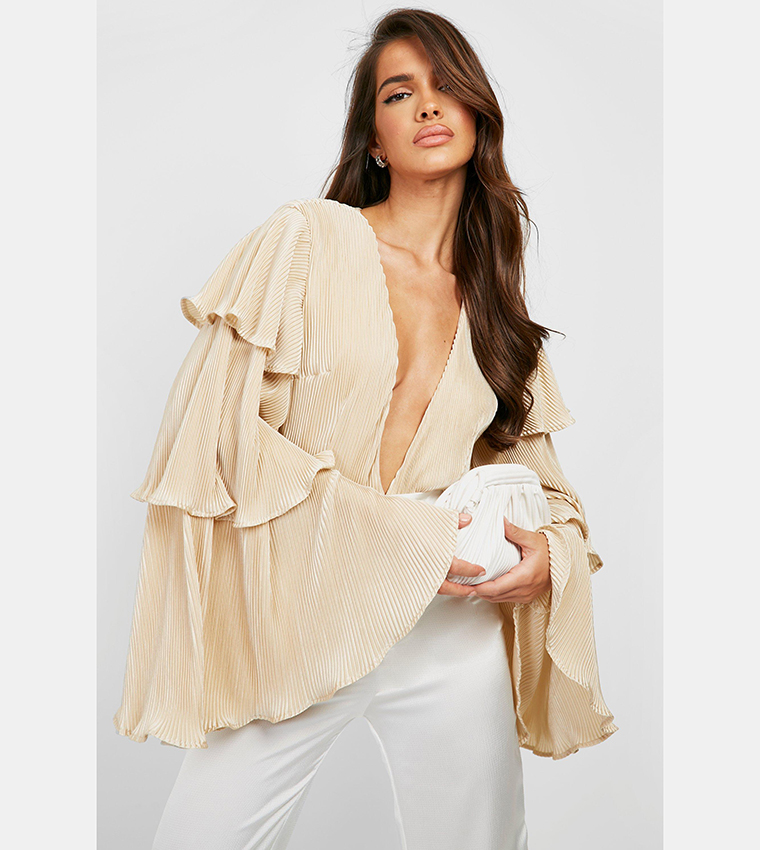 Buy Boohoo Plisse Ruffle Sleeves Plunge Bodysuit Top In Beige