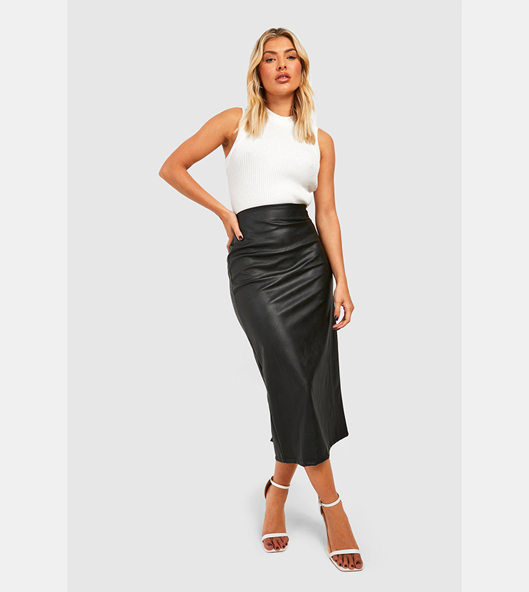 Buy Boohoo Leather Look Split Back Tube Midaxi Skirt In Black