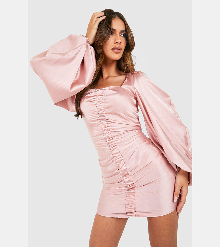 Long Blouson Sleeve Ruched Mini Dress