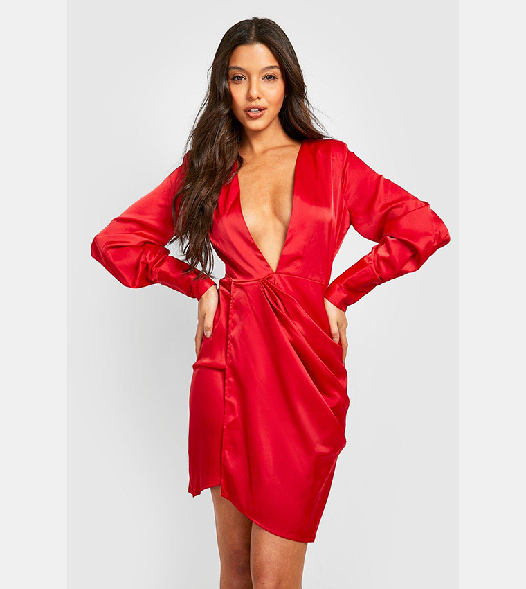 satin plunge wrap dress Satin Plunge Waist-Tie Maxi Dress Large